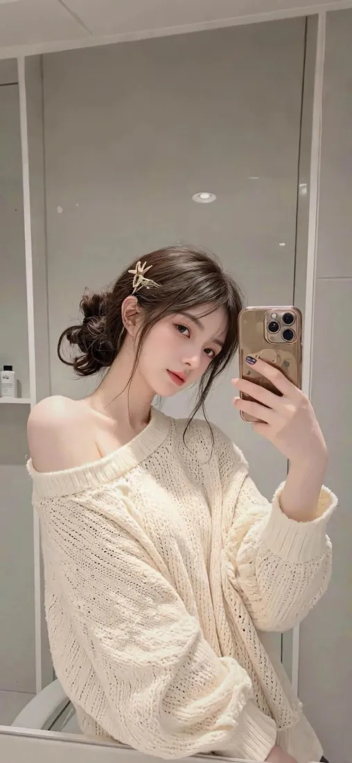 盘发女子穿露肩奶油色毛衣，在镜前手持手机自拍。