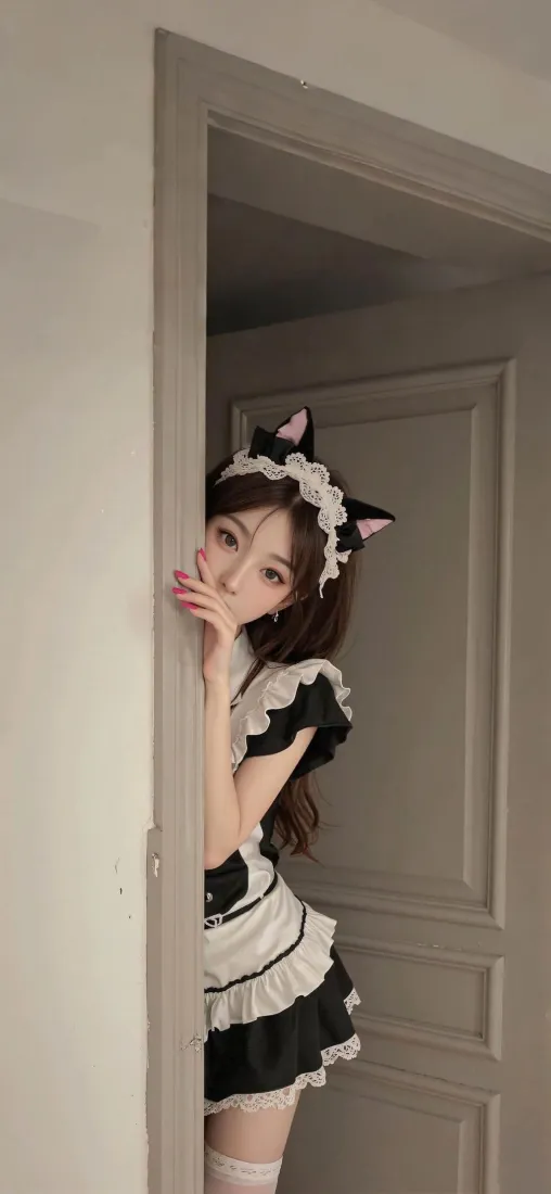 戴猫耳发饰的女仆装少女从门框后探身，手轻抵唇边看向镜头