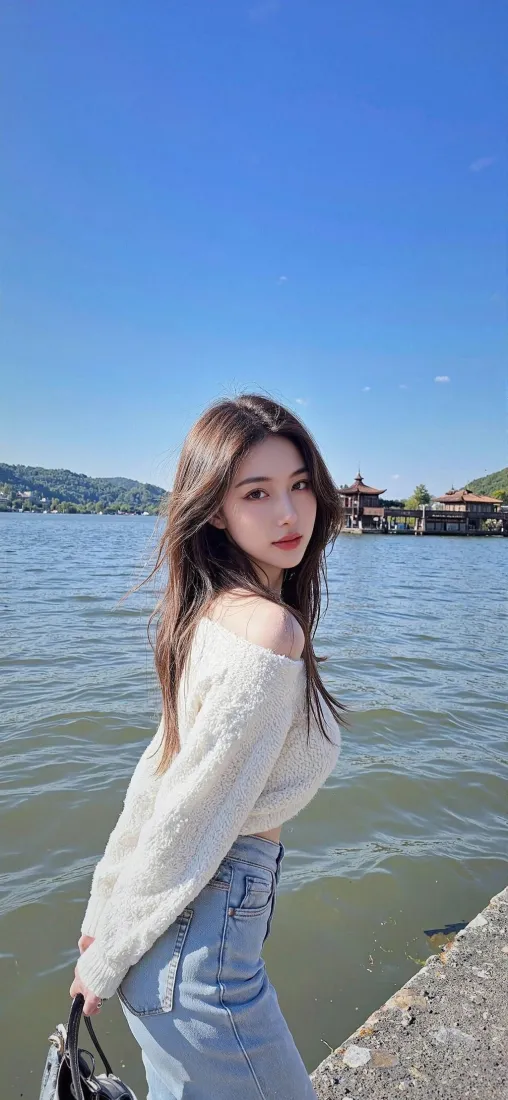 水边美女手机壁纸｜蓝天湖景 - 露肩牛仔「哲风壁纸」