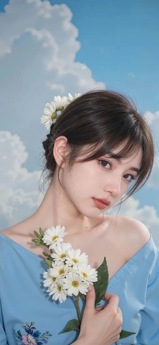 蓝衣美女手机壁纸｜蓝天白云背景 - 清新花束「哲风壁纸」