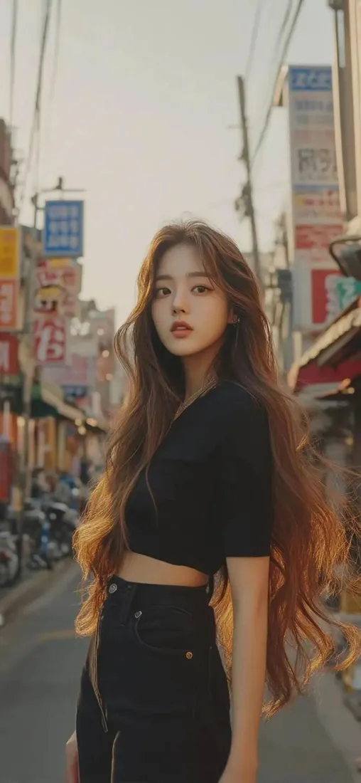 黄昏暖光下，长发黑衣女子站在城市街道上，背景是虚化的街景招牌。