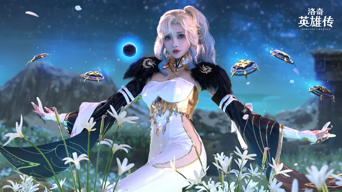 4k花朵壁纸 - 奇幻场景 - 星空背景 - 白衣少女「哲风壁纸」