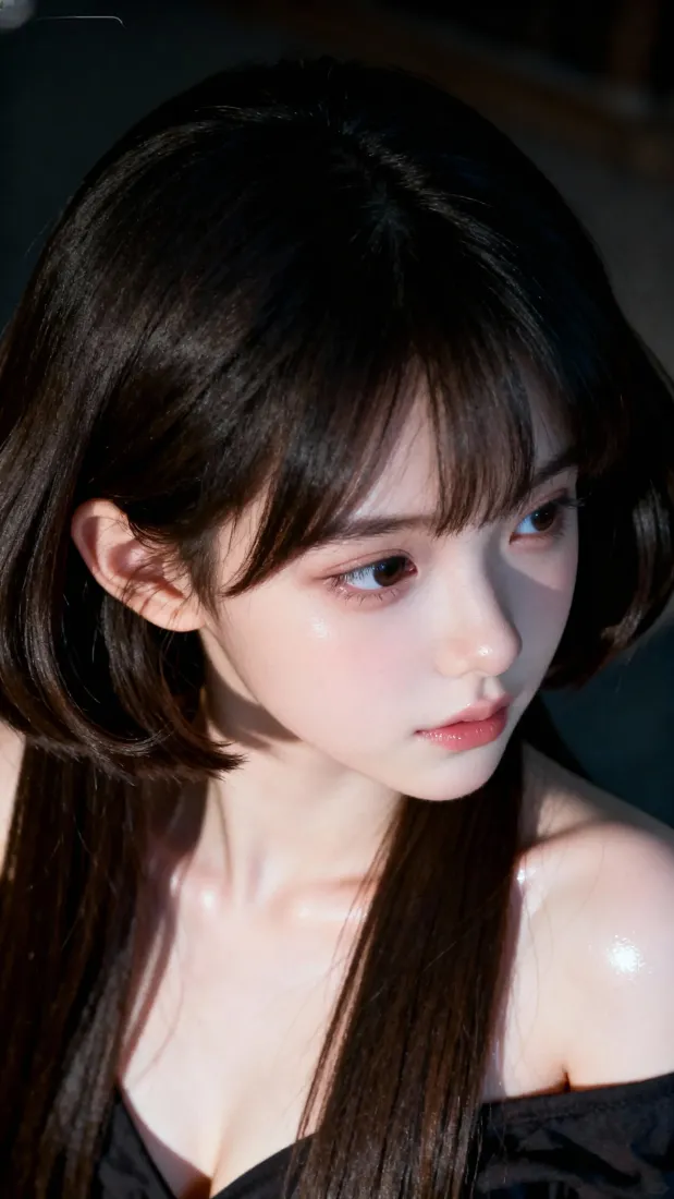 暗色背景下，留齐刘海黑长直的露肩黑衣少女侧脸望向画面右侧。