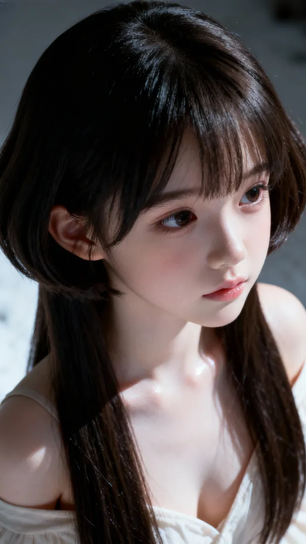 白衣露肩长发清纯少女半身特写，侧头望向画面右侧，背景柔和虚化
