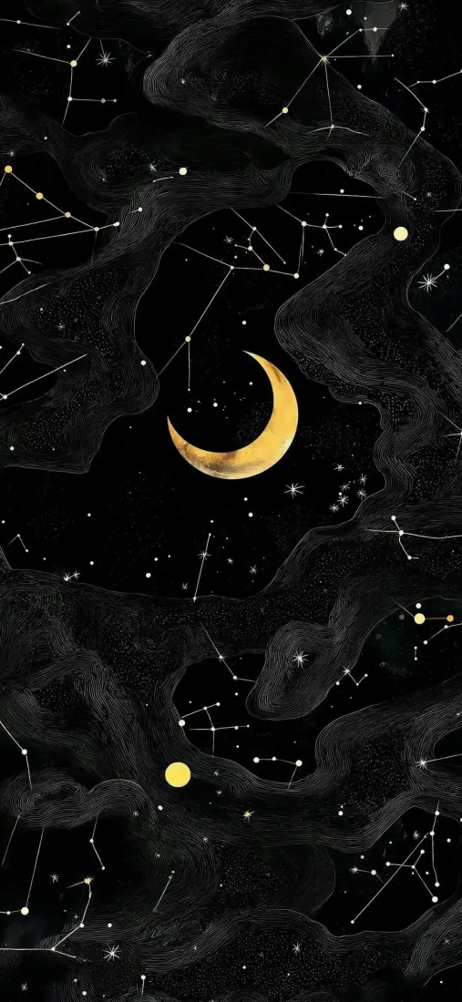 黑色夜空点缀金色弯月、星点与星座连线，搭配朦胧暗灰色云纹