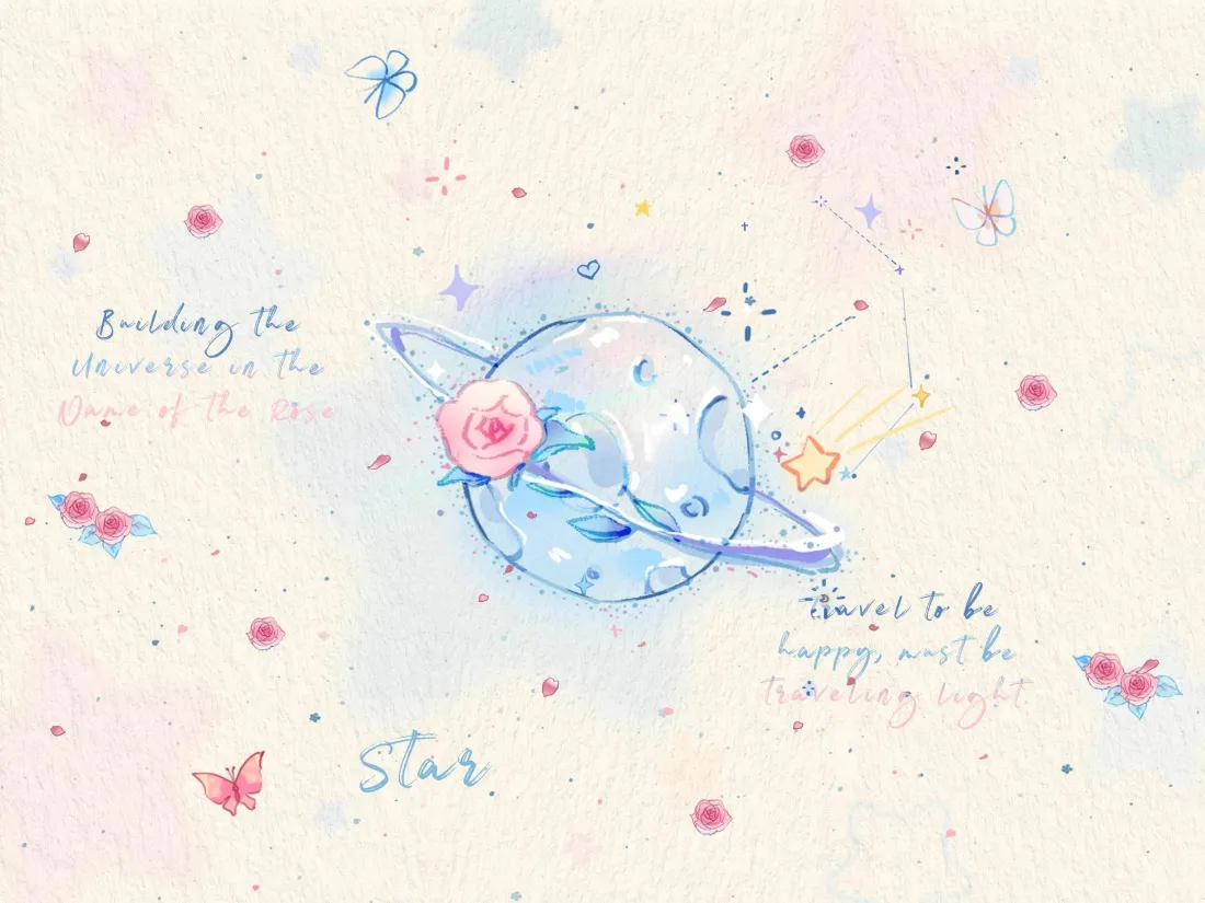 水彩手绘风淡蓝星球嵌粉玫瑰，点缀蝴蝶、星星与散落花瓣