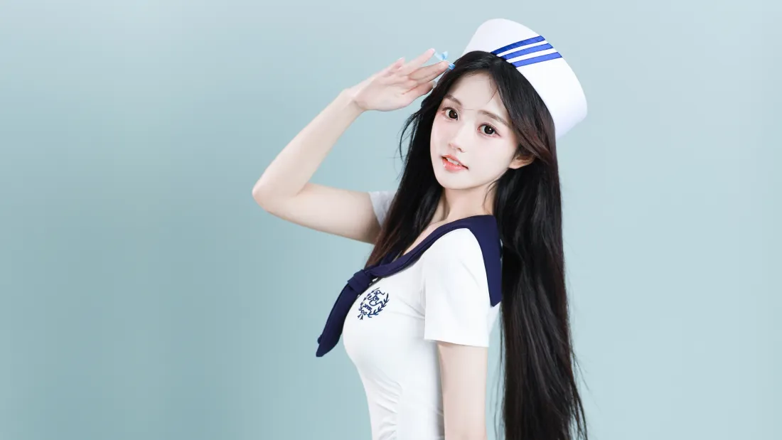 4k水手服美女壁纸|浅蓝背景 - 清纯职装「哲风壁纸」 浅蓝纯色背景前,长发水手服美女抬手敬礼,清纯清新