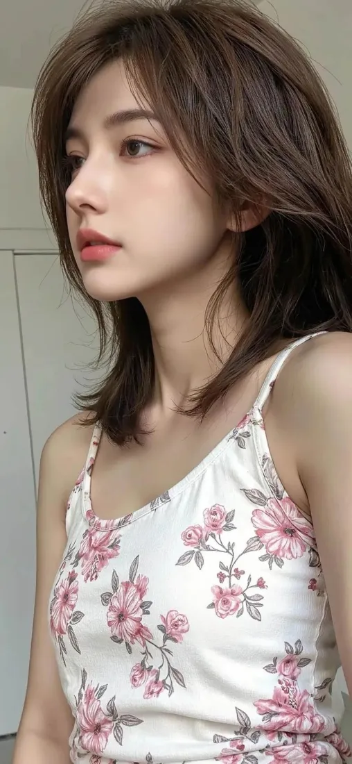 室内场景中，留棕色中长发的年轻女子身着白底粉色碎花吊带，侧脸望向画面左侧。