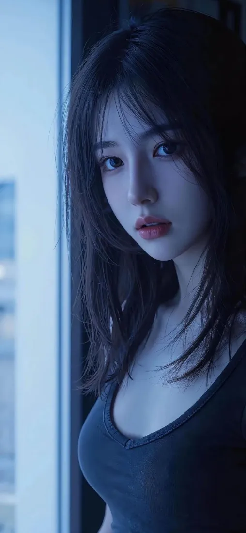 冷蓝色调下，黑衣长发女子立于窗边，神情沉静，背景虚化朦胧。