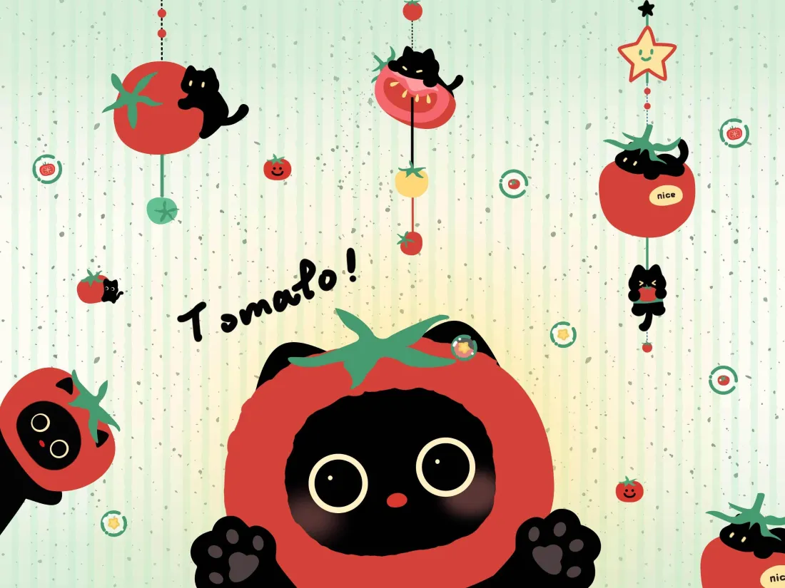 3k黑猫番茄手绘壁纸|可爱卡通背景 - Tomato「哲风壁纸」 戴番茄头套的黑猫搭配悬挂番茄装饰的可爱手绘插画