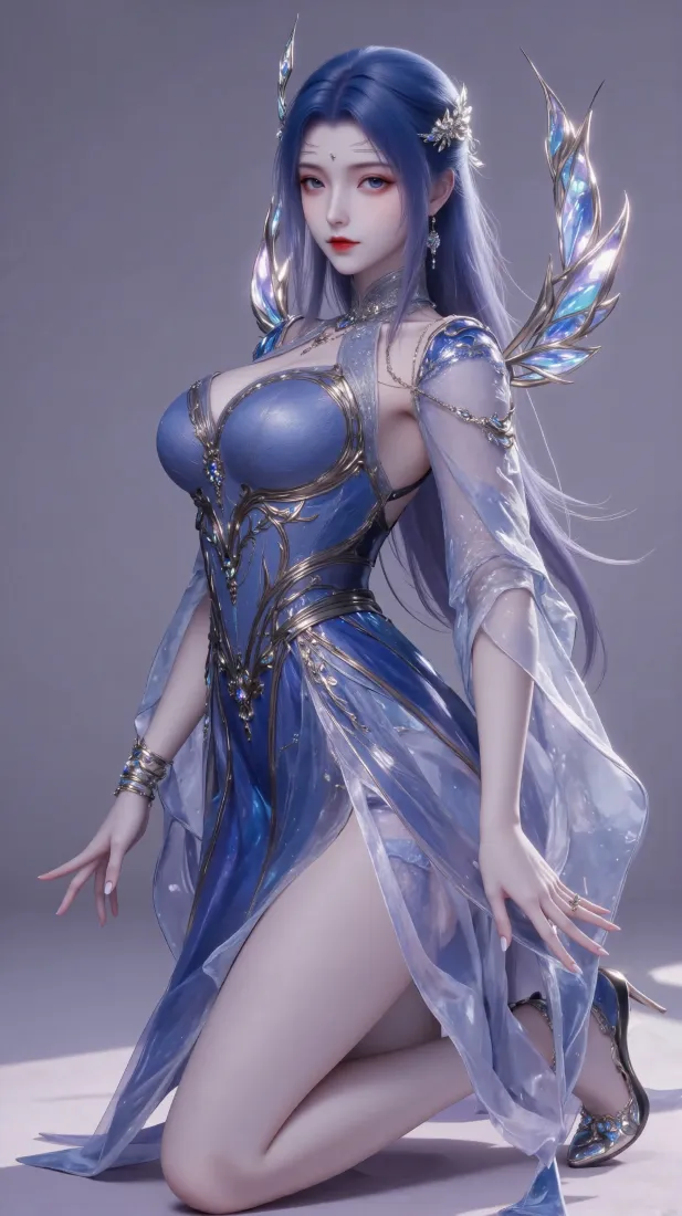 蓝发女性身着镶金蓝纱长裙，跪姿立于浅灰纯色背景中，造型华丽精致
