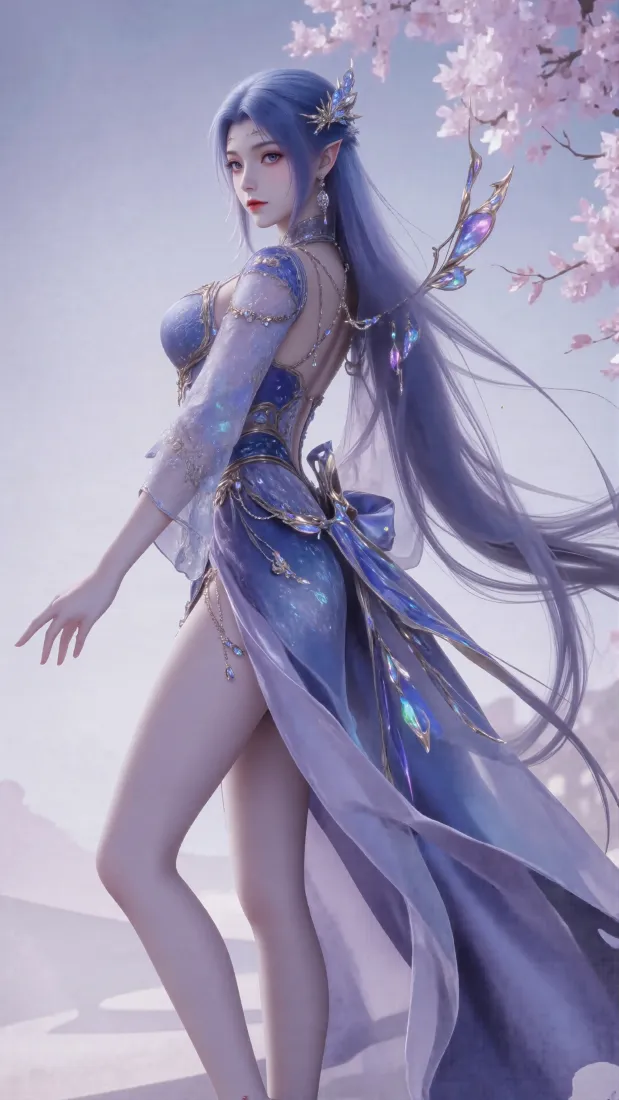 蓝发尖耳玄幻女子身着蓝紫纱裙，立于樱花枝下回眸。