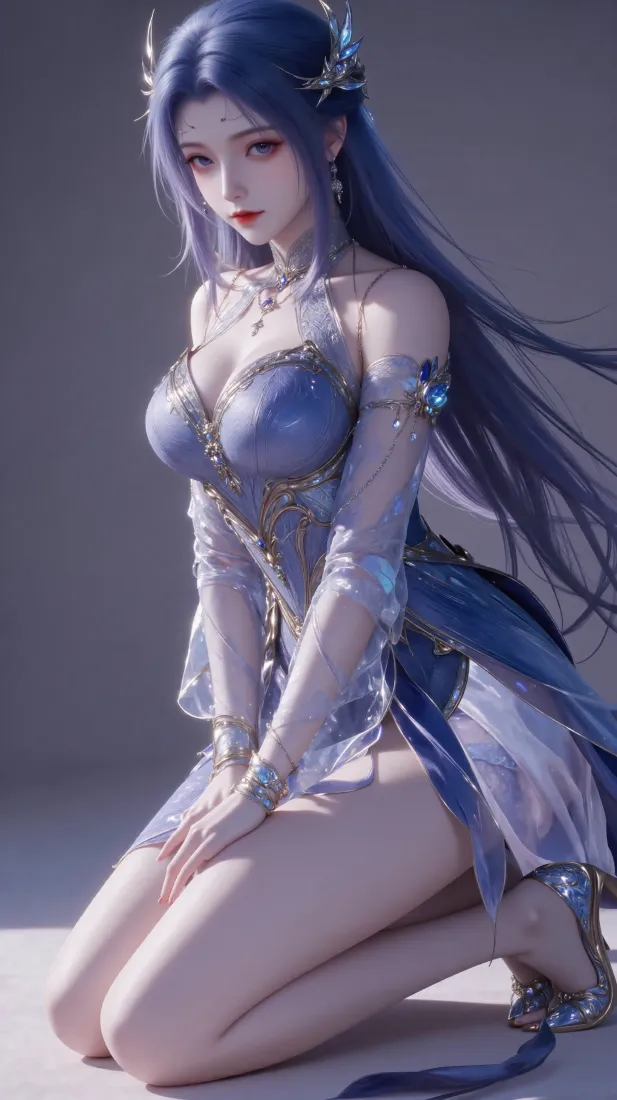 蓝发玄幻女性角色跪坐于浅灰纯色背景中，身着蓝紫镶金薄纱服饰。