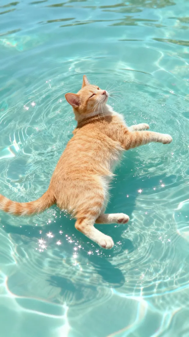 橘猫仰浮在清澈的青绿色泳池水中，惬意放松，水面泛着粼粼波光。