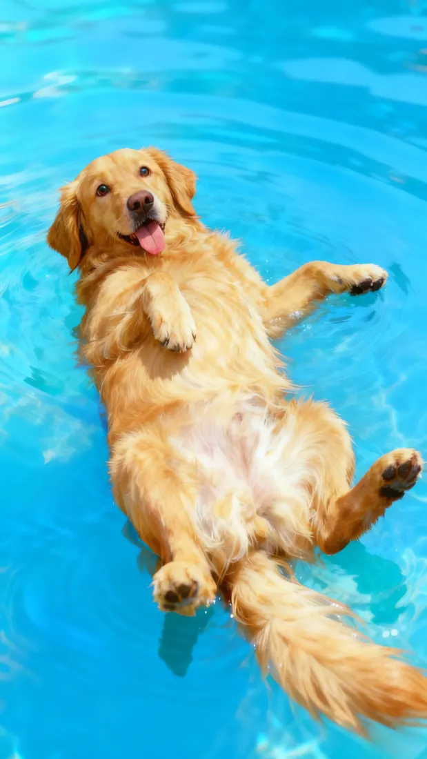 金毛犬仰躺在澄澈的蓝色泳池水中，张嘴吐舌神态放松惬意。