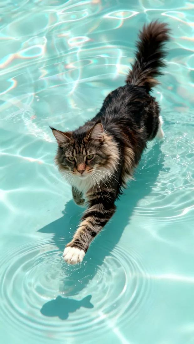 长毛虎斑猫在清浅的青蓝色池水中迈步，爪尖触碰水面漾开涟漪。