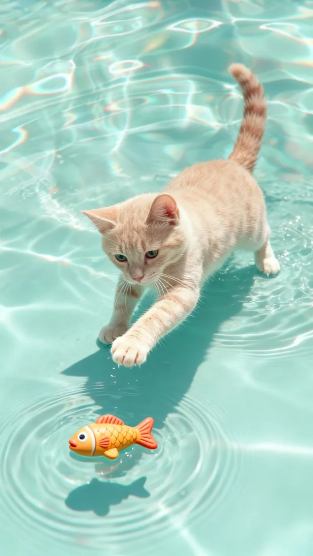 浅橘色小猫站在清透浅水中，伸爪触碰漂浮的橙色玩具鱼。