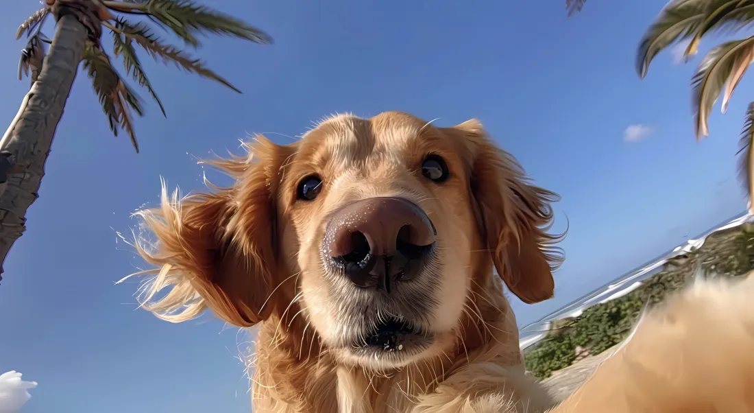 低角度自拍视角下的金毛犬脸部特写，背景是蓝天、棕榈树与海滨沙滩。