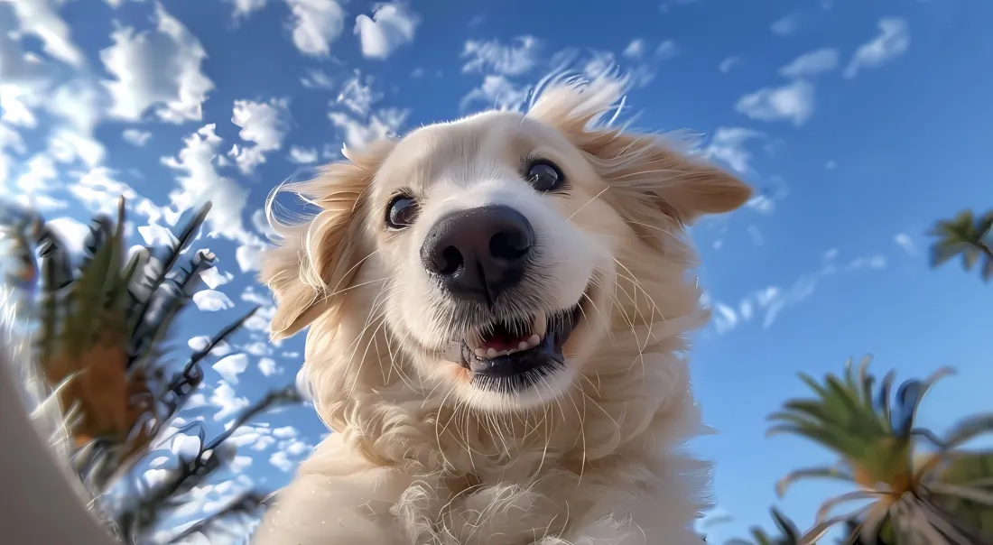 低角度仰拍金毛犬正对镜头微笑，背景是蓝天白云与棕榈树
