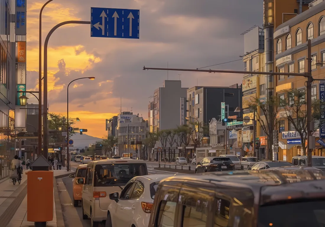 黄昏时分的城市街道，两侧林立建筑，路面车流穿梭，天空晕染暖橙霞光。
