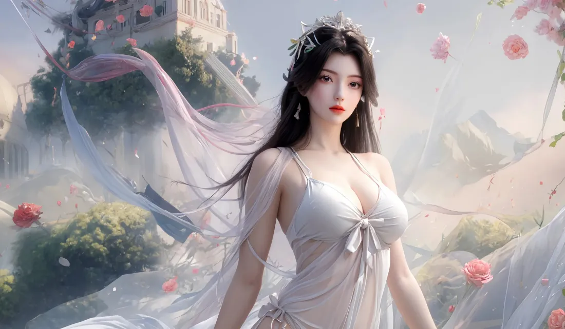 3k古风美女壁纸|梦幻城堡背景 - 白色纱裙「哲风壁纸」 白衣古风女子立于云雾花海间,身后是朦胧城堡与远山