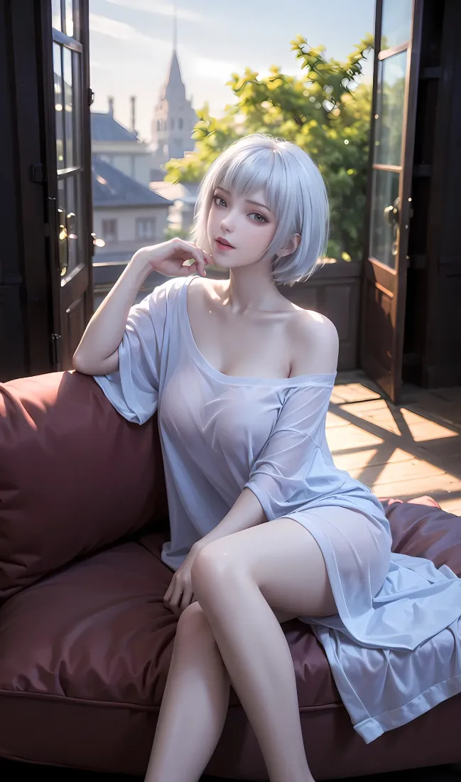 银发短发女性身着浅蓝宽松露肩衣，坐于窗边红棕色沙发上，背景为欧式街景