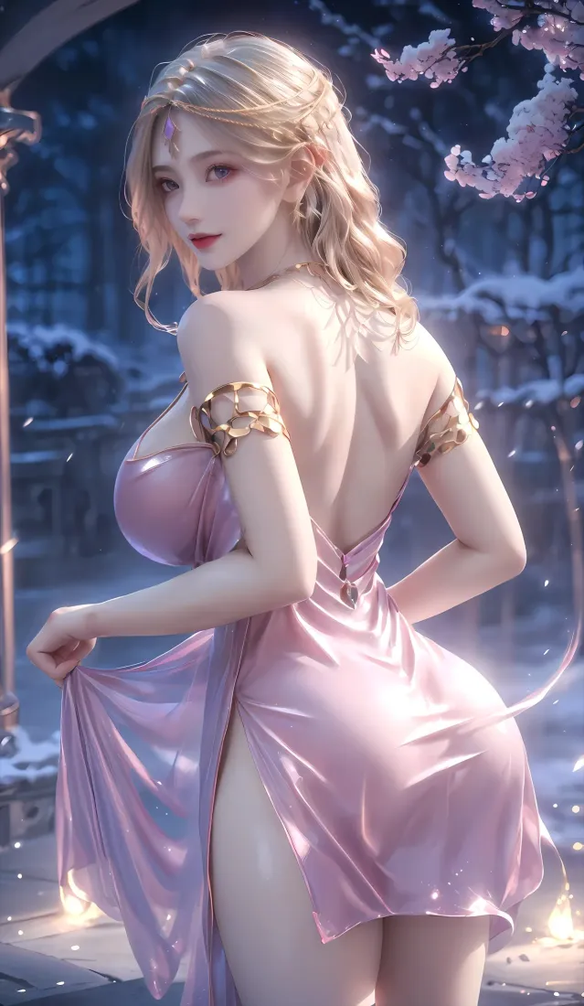 金发露背粉裙女性侧身回望，背景为覆雪夜景与樱花枝。