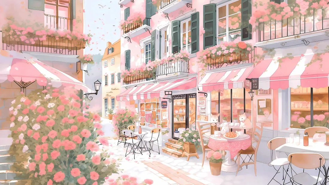 4k粉色小镇街景手绘插画壁纸|浪漫花店咖啡馆 - 手绘风「哲风壁纸」 粉色调手绘小镇街景,沿街花店咖啡馆外摆桌椅,繁花点缀浪漫温馨