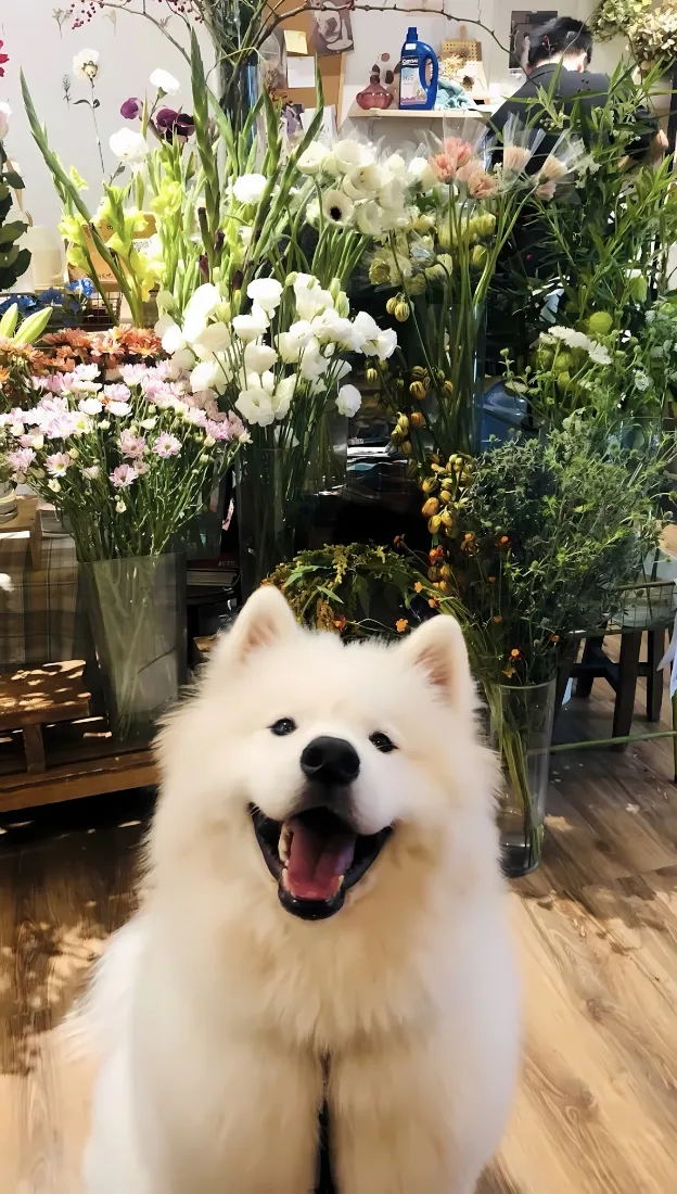 花店室内，一只白色萨摩耶张嘴微笑，身后摆满各色鲜花绿植