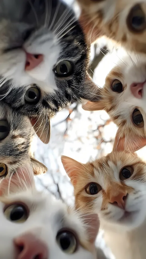 多只小猫围拢低头凑近镜头，好奇张望的萌趣特写画面