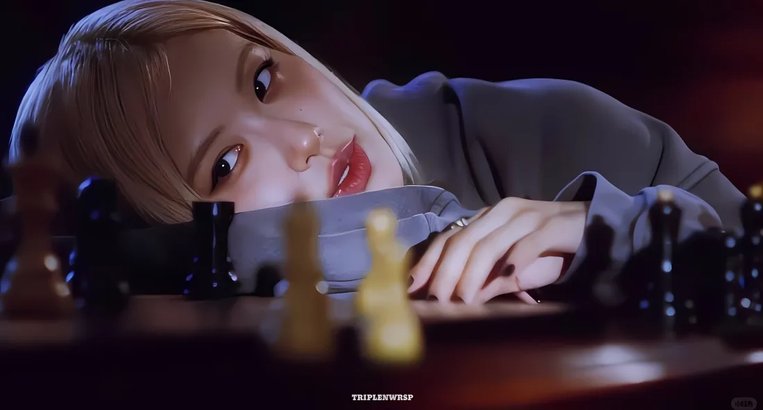 朴彩英将头枕在手臂上，伏在摆放着国际象棋的桌旁，暗调氛围。