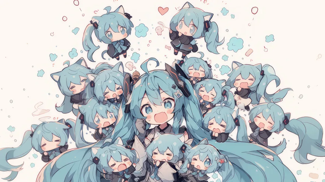 4k初音未来壁纸｜Q版背景 - 可爱蓝发群像「哲风壁纸」