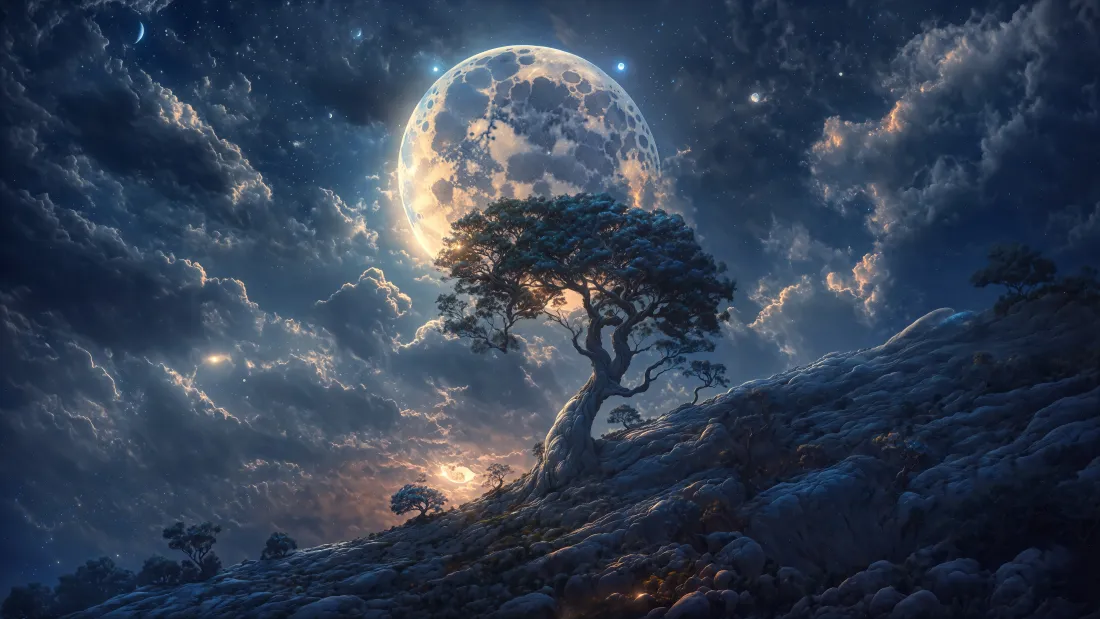 4k月夜孤树壁纸｜山间夜景 - 星空云朵「哲风壁纸」