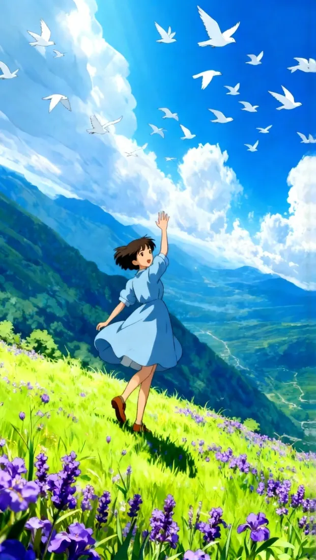蓝裙女孩手机壁纸|蓝天草地背景 - 自由花海「哲风壁纸」 蓝裙女孩手机壁纸|蓝天草地背景 - 自由花海「哲风壁纸」