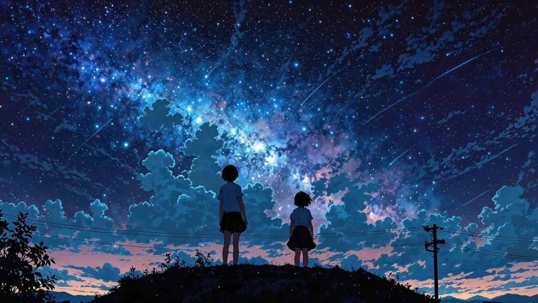 4k星空山丘壁纸｜自然风景 - 孩子云朵流星「哲风壁纸」