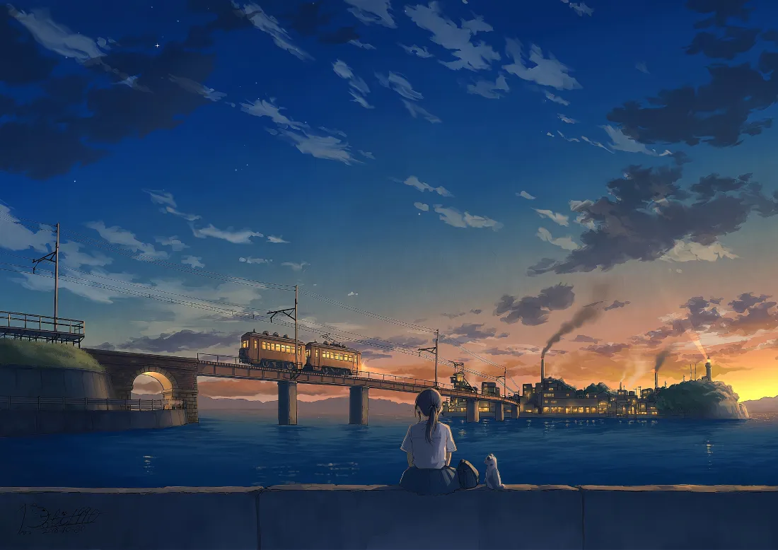 3k动漫壁纸｜蓝色黄昏 - 水边火车风景「哲风壁纸」