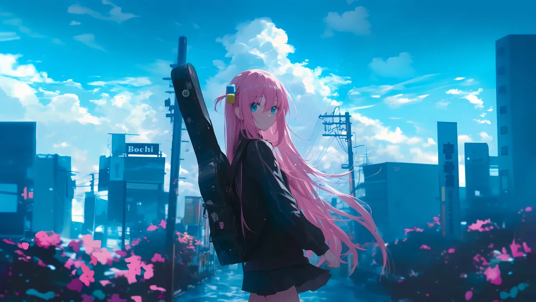 4k粉发少女壁纸|城市背景 - 蓝天粉花「哲风壁纸」 4k粉发少女壁纸|城市背景 - 蓝天粉花「哲风壁纸」