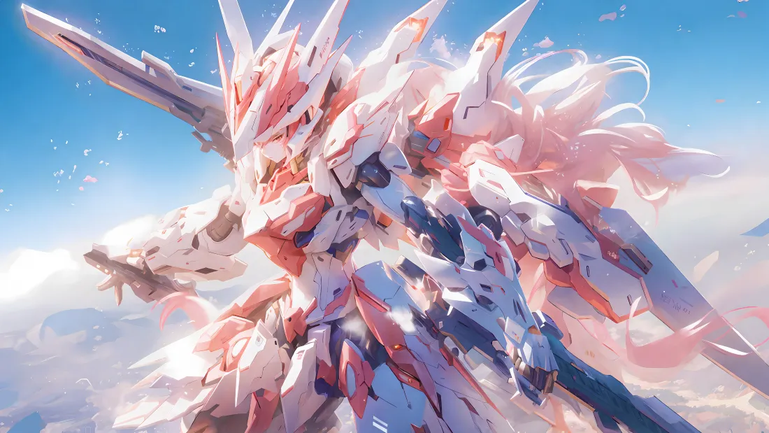 4k机甲少女壁纸｜蓝天背景 - 粉色机甲「哲风壁纸」
