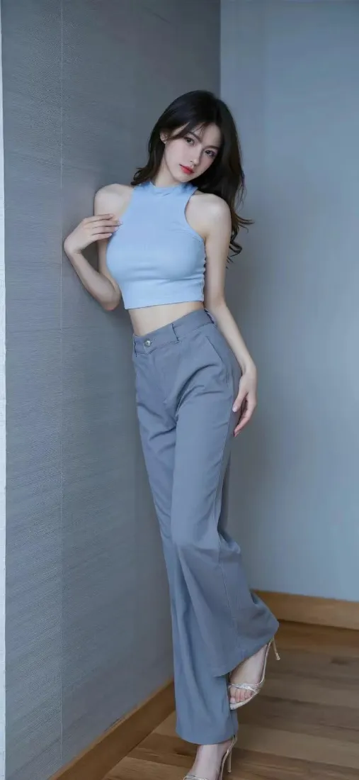 美女手机壁纸｜室内背景图片 - 浅蓝穿搭「哲风壁纸」