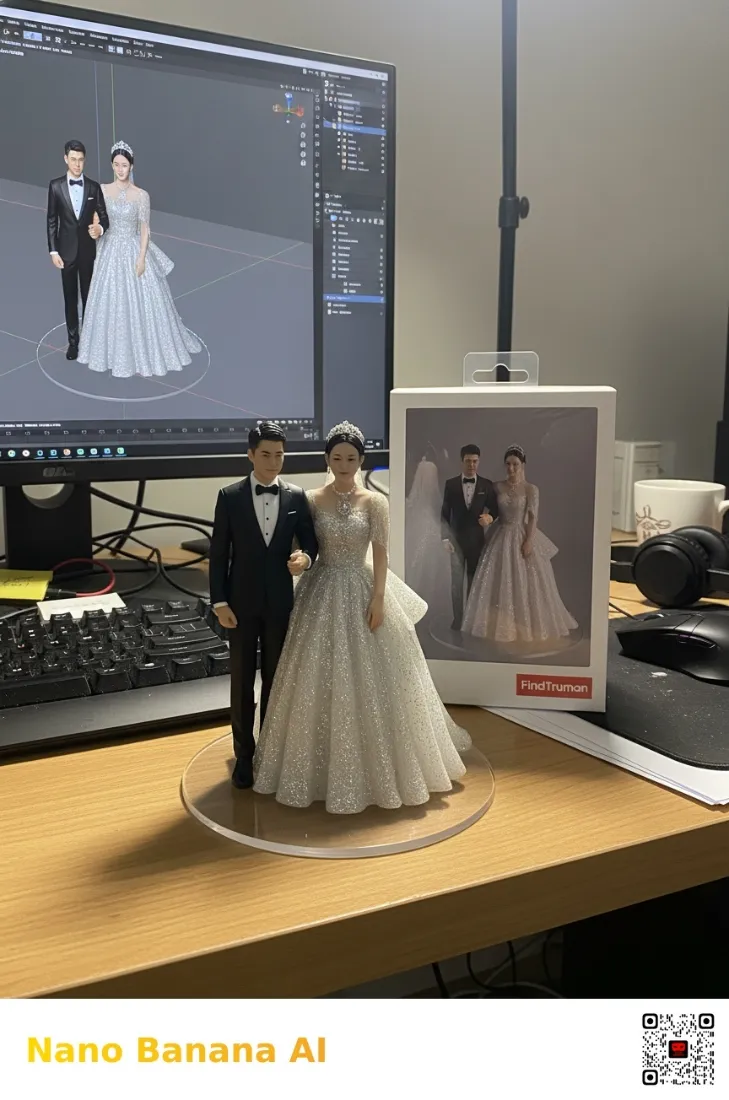 办公桌面上摆放婚礼新郎新娘3D人偶，旁有显示器、相框与键鼠