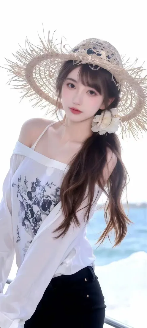 草帽美女手机壁纸｜海边背景图片 - 白衣黑裤「哲风壁纸」