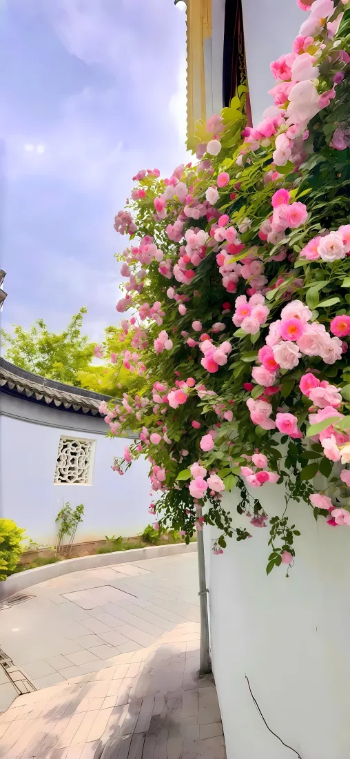 花墙小巷手机壁纸｜中式白墙背景图 - 粉色花「哲风壁纸」