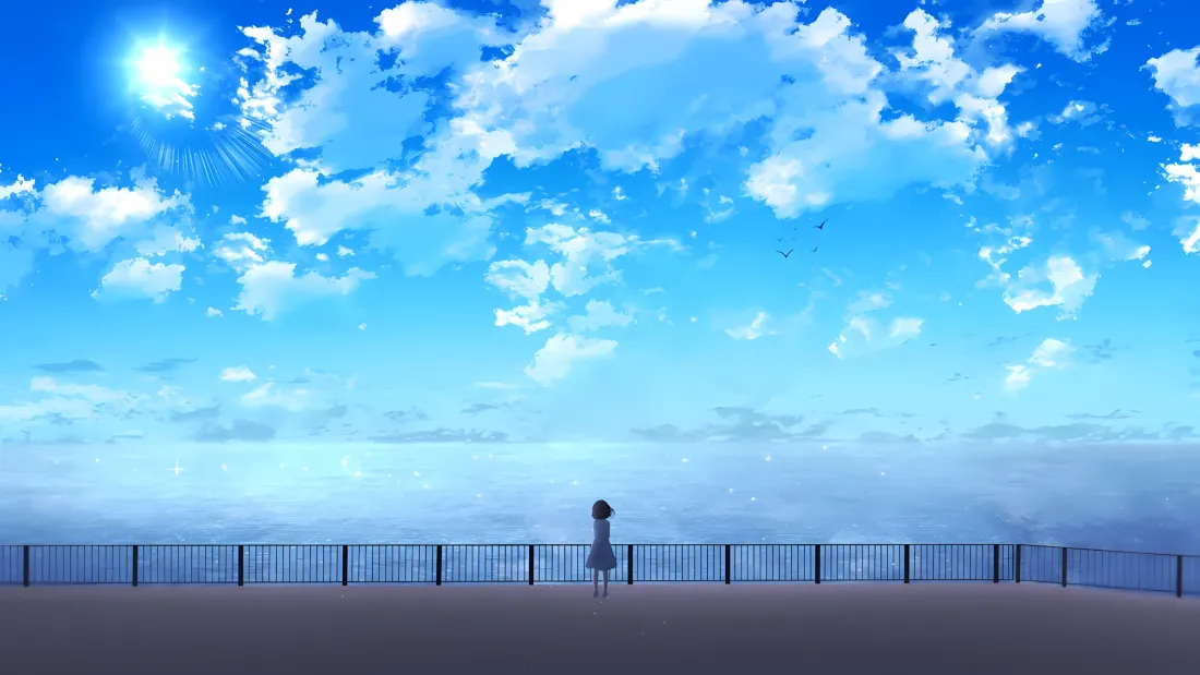 2k小女孩壁纸｜蓝天湖水背景 - 白云太阳「哲风壁纸」