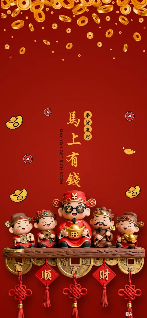 红底春节主题3D插画，五位Q版财神坐木架上，配铜钱金元宝与中国结。
