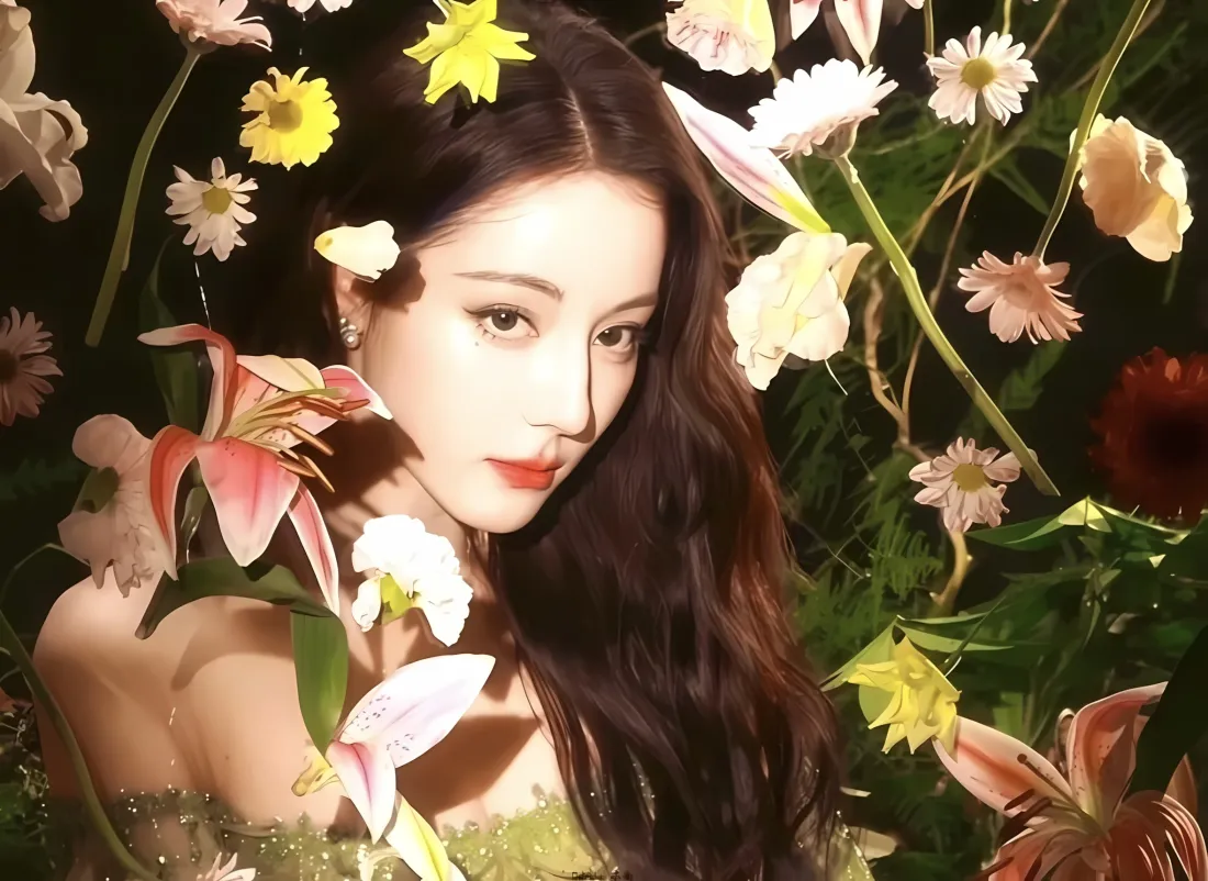 2k迪丽热巴壁纸｜花丛背景 - 雏菊百合「哲风壁纸」