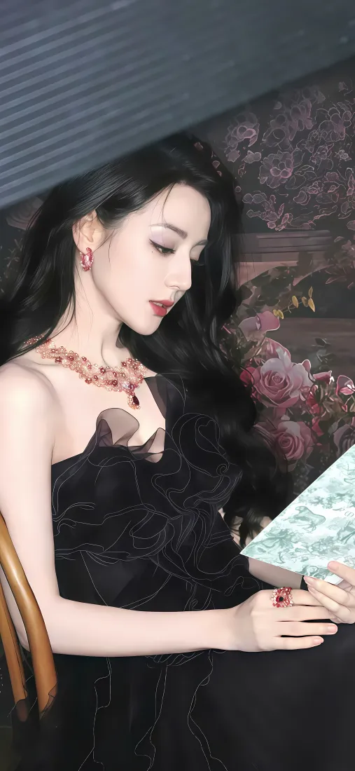 迪丽热巴侧颜手机壁纸｜黑裙看书背景 - 优雅「哲风壁纸」