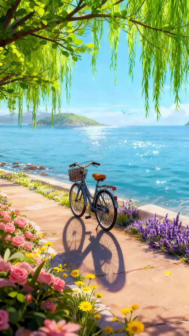 湖边自行车手机壁纸｜夏日风景 - 鲜花柳树「哲风壁纸」