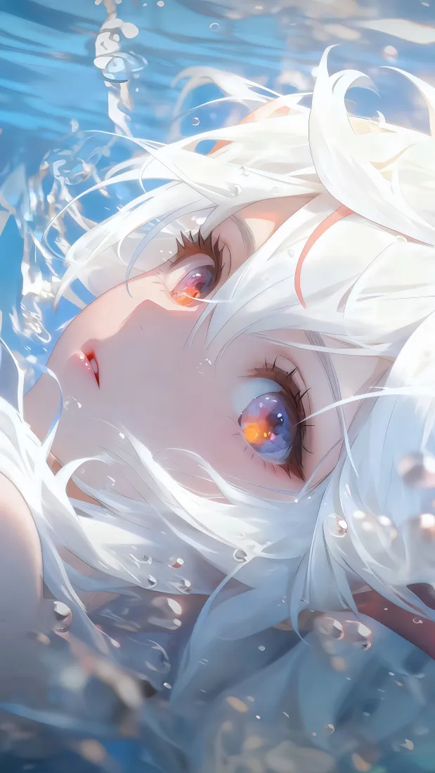 二次元白发少女手机壁纸｜海水背景图片 - 水下异色瞳「哲风壁纸」