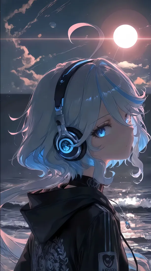 二次元少女手机壁纸|海边背景 - 耳机蓝发「哲风壁纸」 二次元少女手机壁纸|海边背景 - 耳机蓝发「哲风壁纸」