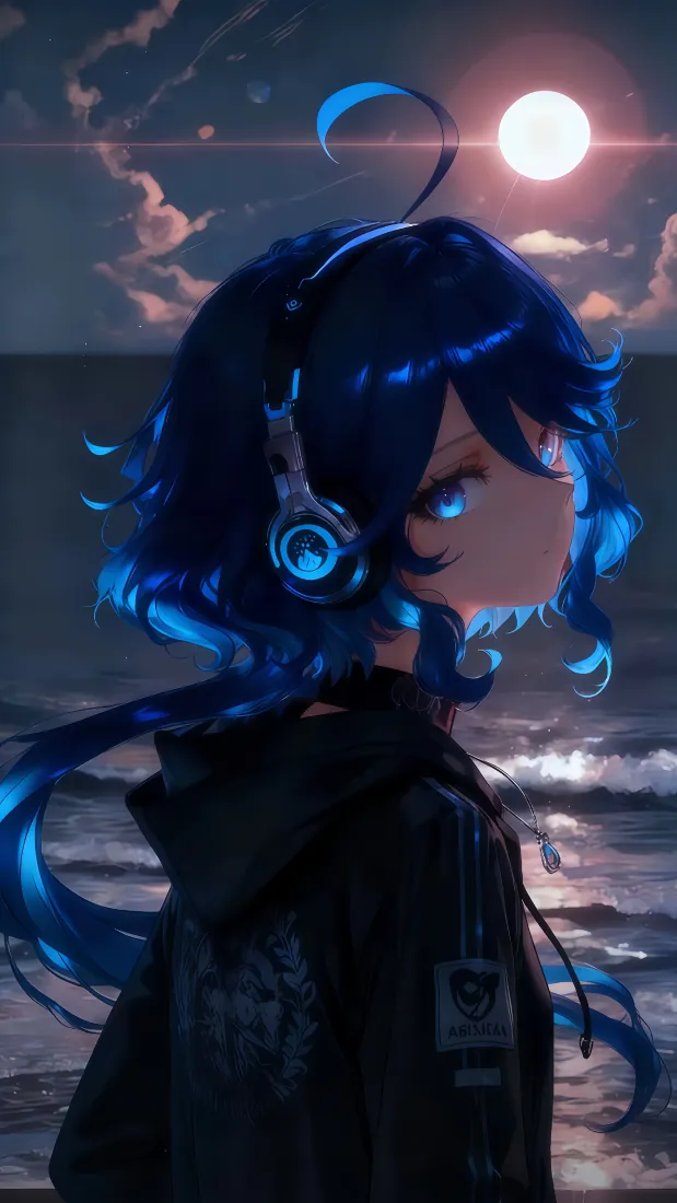 蓝发少女手机壁纸|海边月夜 - 二次元「哲风壁纸」 蓝发少女手机壁纸|海边月夜 - 二次元「哲风壁纸」